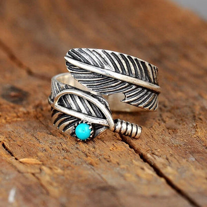 Sterling Silver Feather Turquoise Adjustable Ring