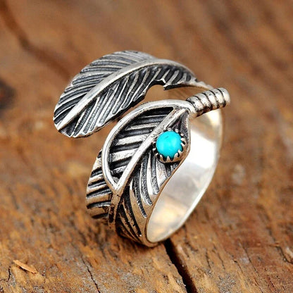 Sterling Silver Feather Turquoise Adjustable Ring