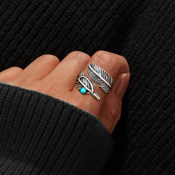 Sterling Silver Feather Turquoise Adjustable Ring