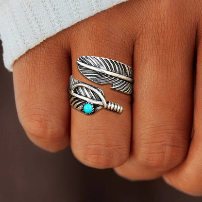 Sterling Silver Feather Turquoise Adjustable Ring