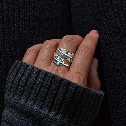 Sterling Silver Feather Turquoise Adjustable Ring