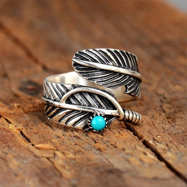 Sterling Silver Feather Turquoise Adjustable Ring