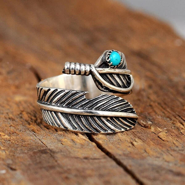 Sterling Silver Feather Turquoise Adjustable Ring